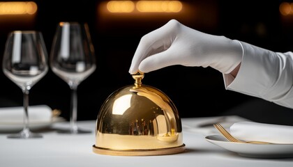 A close-up of a gloved hand lifting a polished gold cloche, with a softly lit background suggesting an upscale dining environment, capturing the essence of luxury service.