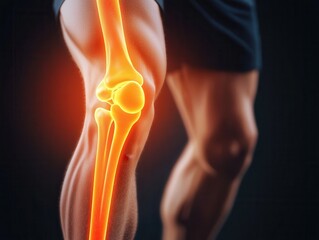 A dynamic image of a knee joint, highlighted with glowing anatomy, showcasing muscles and structures, emphasizing health and fitness.