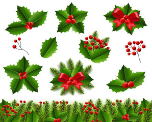 Holly Berry Set Isolated White Background