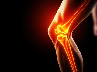 Obraz premium A glowing illustration of a knee joint, showcasing its anatomical structure and highlighting pain or injury in a dynamic, visually striking manner.