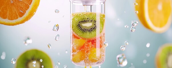 A close-up of a vitamin IV with fresh fruit infusion, showcasing kiwi, lemon, and orange slices in the background, symbolizing natural rejuvenation and wellness.