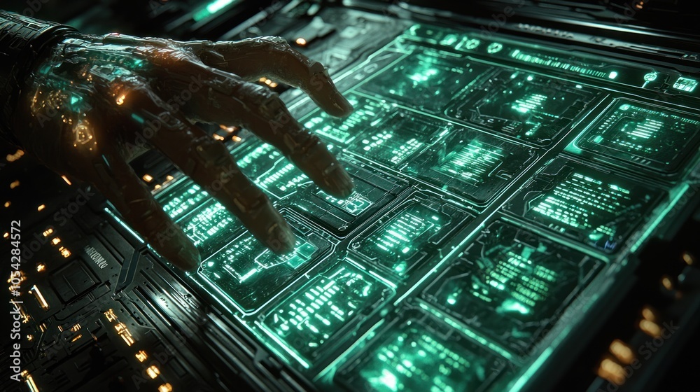 Poster A robotic hand interacts with a futuristic technological interface
