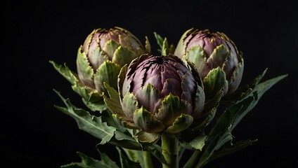 Fototapeta premium Blooming artichoke on black background.