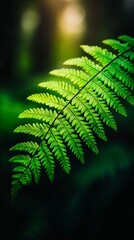 A single fern frond with delicate green leaves illuminated by sunlight, creating a vibrant contrast against the dark green background.
