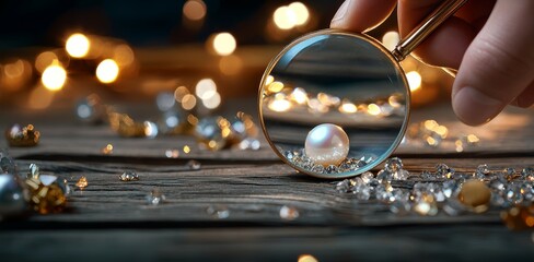 Obraz premium A hand holding a magnifying glass over a pearl, with sparkling lights and decorative gems in the background.