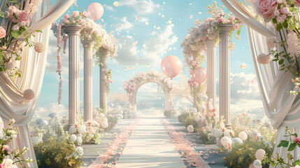 wedding stage backdrop with an arch, white and pink roses, white drapes and balloons, a large window in the background showing a blue sky and clouds, a long carpet leading to an open-air church
