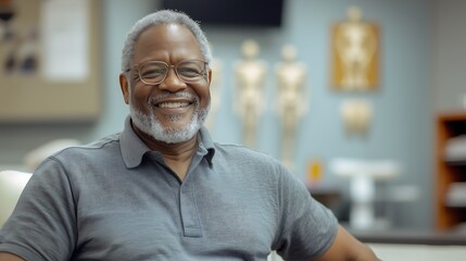 Fototapeta premium Smiling older man in casual attire at home or office, exuding warmth and confidence.