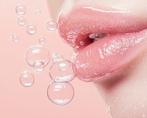 Fototapeta premium A minimalist beauty image with plump, hydrated lips and floating water bubbles, perfect for a campaign on advanced hydration and skincare benefits.