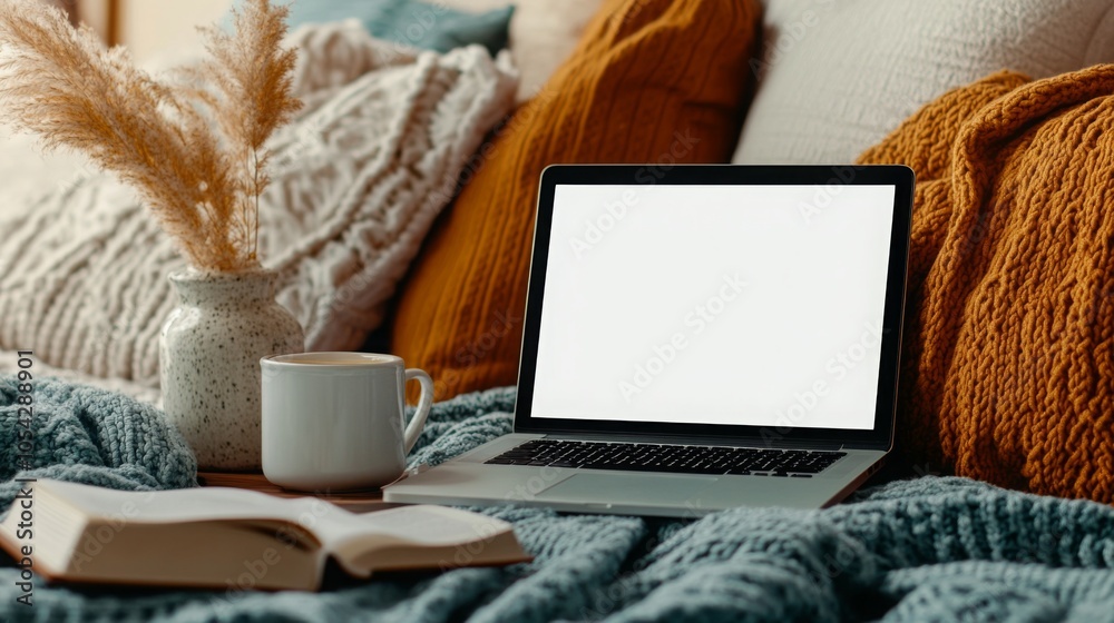 Poster A laptop sits on a cozy couch surrounded by soft blankets and cushions, with a steaming cup of coffee and an open notebook nearby, creating a warm and inviting atmosphere perfect for productivity.