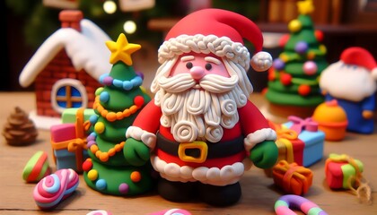 Obraz premium Santa Claus Papa Noel baba cute with gifts and Christmas tree in new year xmas, made with play dough claymation