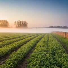 Naklejka premium Misty sunrise over green field with rows of crops, tranquil farmland with soft morning light and fog 