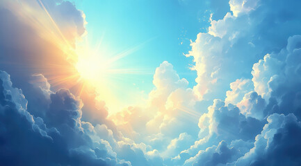Bright sunlight shining through fluffy clouds in blue sky creates serene and uplifting atmosphere. interplay of light and clouds evokes sense of peace and tranquility