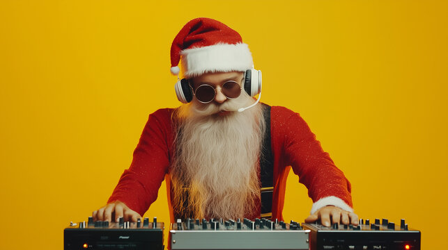 Nightclub invite on christmas party celebration funky crazy santa claus dj in white headset sing song sound melody listen music dance wear stylish x-mas hat suspenders isolated yel