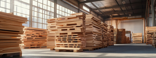 Wooden pallets stacked in spacious warehouse, showcasing natural light filtering through large windows, creating warm and inviting atmosphere
