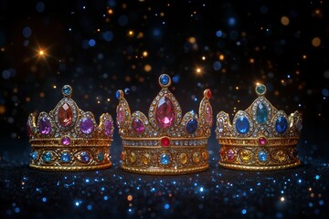 Luxurious crowns of the Three Wise Men adorned with vibrant gemstones on dark background