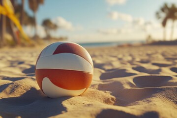 Obraz premium Vibrant Volleyball on Sandy Beach, Waves in the Background