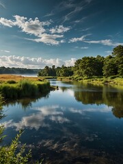 Dreamy landscape with blue skies, rivers, and trees.