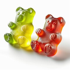 Two gummy bears  one green and one red  on a white background.