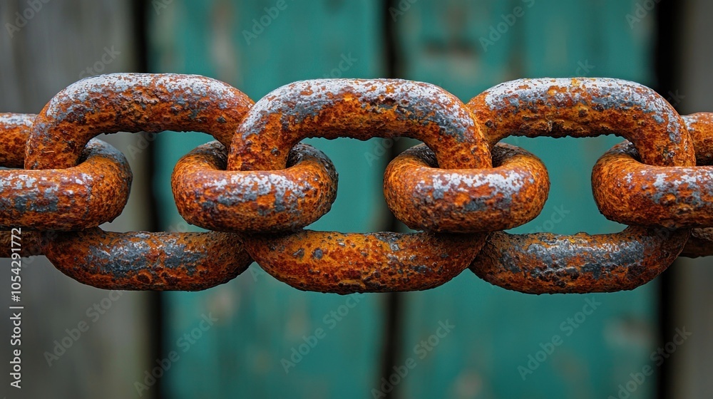 Poster close-up of rusted chain links against a teal and grey background
