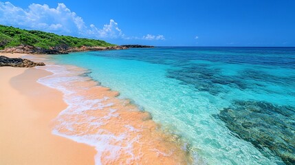 A pristine sandy beach with turquoise waters and a green coastline under a bright blue sky with fluffy white clouds.