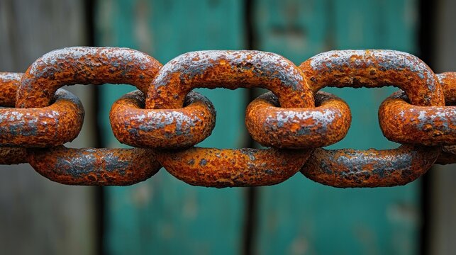 Close-up of Rusted Chain Links Against a Teal and Grey Background