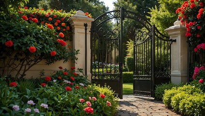 Obraz premium Elegant wrought iron gate framed by lush greenery and bright flowers, conveying luxury and tranquility.