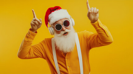 Nightclub invite on christmas party celebration funky crazy santa claus dj in white headset sing song sound melody listen music dance wear stylish x-mas hat suspenders isolated yel