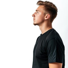 Fototapeta premium Young man with short brown hair in a black t shirt looking away