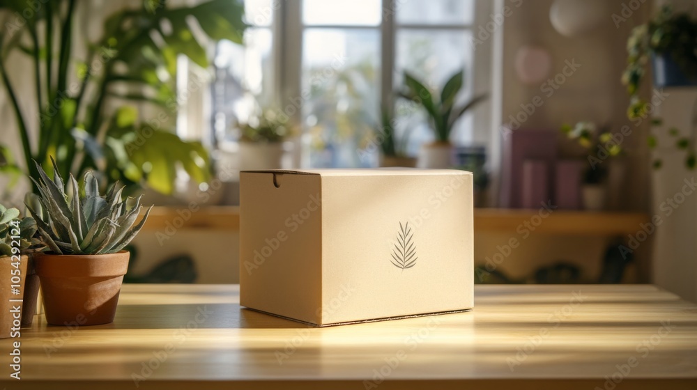 Poster a minimalistic workspace showcases a cardboard box placed on a wooden table bathed in warm sunlight.