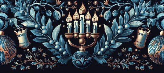 Elegant Hanukkah Dinner Invitation with Blue and Silver Menorah Design for Holiday Events