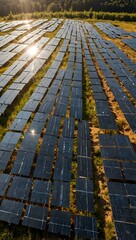 Field of solar panels harnessing sunlight on a clear day.