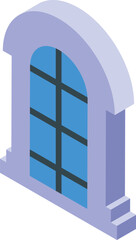 Arched window with blue pane in isometric view, perfect for architectural projects