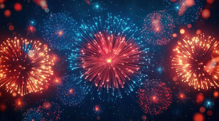 Fototapeta premium Bright and colorful fireworks explode in night sky, creating stunning display of red and blue lights. vibrant bursts evoke sense of celebration and joy
