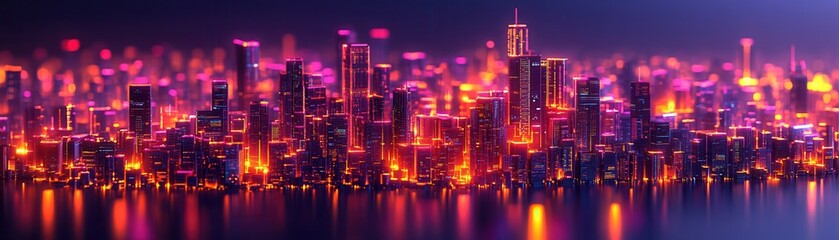 Fototapeta premium Stunning city skyline at night, illuminated by vibrant lights reflecting on the calm water, creating a mesmerizing urban view.