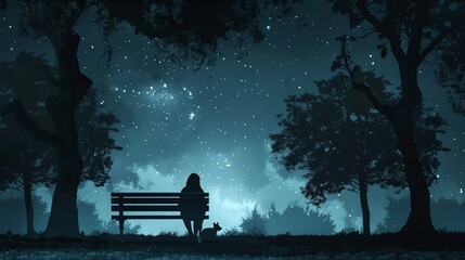 A lone woman sits on a bench under a canopy of stars, enjoying the night sky.