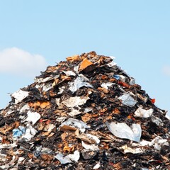 A large pile of mixed waste, primarily consisting of paper and plastic debris.