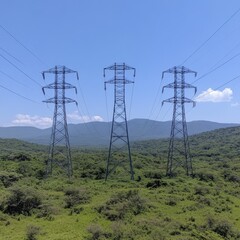 Obraz premium Power lines stretch across a green landscape with distant mountains.