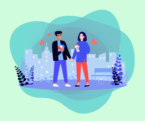 Naklejka premium Happy boyfriend and girlfriend eating ice cream in park. Interracial couple holding hands and eating sweet snacks vector illustration. Food, desserts, outdoor activity, love, summer concept