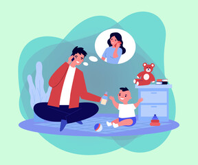 Happy man giving milk bottle to newborn son while calling wife. Father feeding and playing with baby at home, mother in thought bubble vector illustration. Family, care, parenting, fatherhood concept