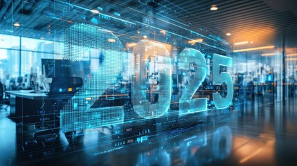 Obraz premium Futuristic display featuring the year 2025 in a high-tech office environment.
