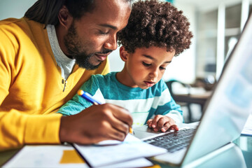 Obraz premium Father and son learning together: engaging in homework with technology