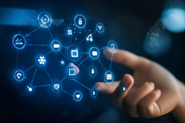 Fototapeta premium spanish intelligence and IoT automation in digital transformation A person using a virtual interface to engage with AI (Artificial Intelligence) systems, neural networks, and machi
