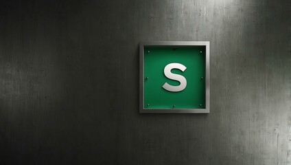 Green square symbol against metallic background.