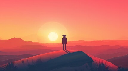 Obraz premium Picture of desert sunrise with solo traveler flat design front view peaceful morning theme animation Complementary Color Scheme