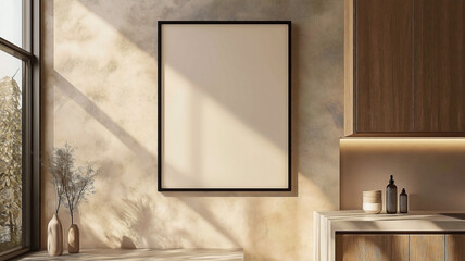 a large, thin poster frame mounted on a beige kitchen wall. sleek and modern, with a minimalist design that complements the neutral wall color. 