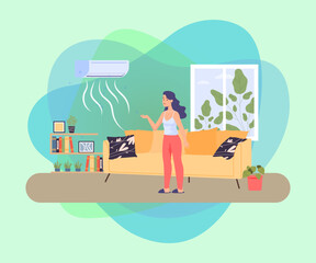 Obraz premium Happy woman and air conditioner blowing cold air in living room. Girl controlling temperature at home using air conditioning system vector illustration. Appliances, technology, climate concept