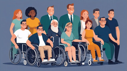 International Day of Persons with Disabilities, A group of happy men and women with disabilities, in a wheelchair, with a prosthesis
