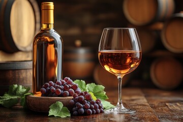 Fototapeta premium Glass of wine with bottle and grapes close-up in wine cellar. Alcoholic drink, white wine