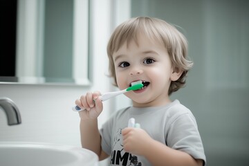 Young Child Learning to Brush Teeth in Bathroom