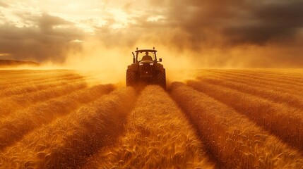 Fototapeta premium A tractor drives through a field of wheat at sunset, kicking up dust.